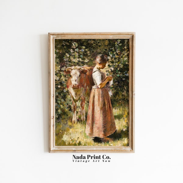 Femme et vache dans la peinture de jardin | Laitière tendant à l'impression de vache | Art mural vintage chaleureux | Art imprimable | #0190