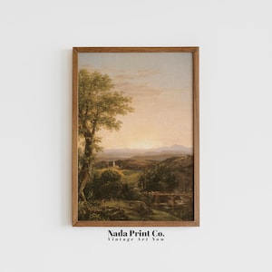Church on the Hill Painting | Farm in the Woods Landscape Print | Warm Vintage Wall Art | Printable Art | #0204
