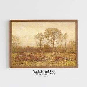 Autumn Trees and Grass in Meadow Painting | Fall Landscape Painting Print | Warm Vintage Wall Art | Printable Art | #0219