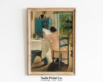 Woman Reading Newspaper Painting | Woman at Kitchen Table Print | Warm Vintage Wall Art | Printable Art | #0149