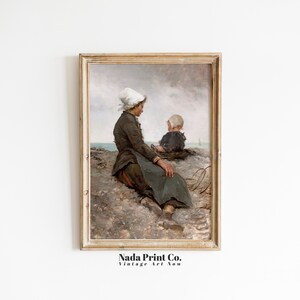 Mother and Child by the Water Painting | Woman and Toddler at Harbor Print | Warm Vintage Wall Art | Printable Art | #0150