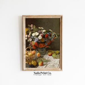 May include: A vintage still life painting of a vase filled with a colorful bouquet of flowers, including white, pink, and purple blooms. The vase is on a table with a basket of apples and grapes.