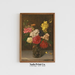 Fiori rossi e rosa in vaso dipinto / Stampa artistica di natura morta floreale colorata / Calda arte da parete vintage / Arte stampabile / #0133