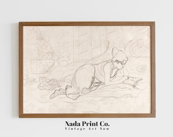 Woman Reading in Bed Sketch Print | Cozy Woman with Cat Drawing | Neutral Vintage Wall Art | Printable Art | #0101