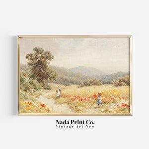 Mother and Daughter Picking Flowers Painting | Summer in the Valley Print | Warm Vintage Wall Art | Printable Art | #0211