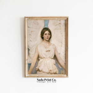 Angel Woman with Wings Oil Painting | Antique Angelic Portrait Print | Warm Vintage Wall Art | Printable Art | #0066