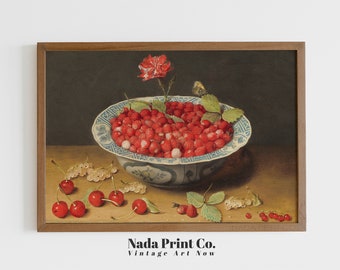 Fragole in ciotola pittura / stampa artistica di frutta da cucina / calda arte da parete vintage / arte stampabile / #0118