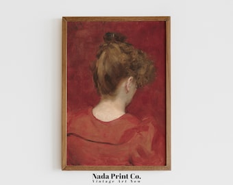 Woman in Red Painting | Antique Oil Portrait Print | Warm Vintage Wall Art | Printable Art | #0054