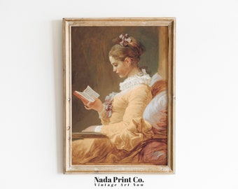 Girl with Book Oil Painting | Antique Portrait Reading Print | Warm Vintage Wall Art | Printable Art | #0057