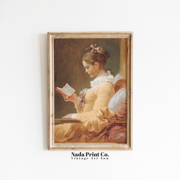 Fille avec peinture à l'huile de livre | Impression de lecture de portrait antique | Art mural vintage chaleureux | Art imprimable | #0057