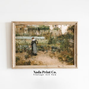 Woman Farming Painting | Woman Tending to Garden Print | Warm Vintage Wall Art | Printable Art | #0199