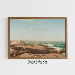 Pintura de olas de Rocky Bay / Impresión de velero de pesca costera / Arte de pared vintage cálido / Arte imprimible / #0029