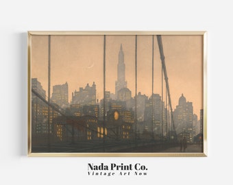 Skyline van New York schilderij | Brooklyn Bridge bij nacht afdrukken | Warme vintage kunst aan de muur | Afdrukbare kunst | #0173