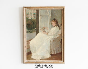 Woman Reading by Window Oil Painting | Antique Portrait Art Print | Warm Vintage Wall Art | Printable Art | #060