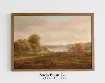 Autumn at the Farm Painting | Fall by the River Seasonal Landscape Print | Warm Vintage Wall Art | Printable Art | #0203