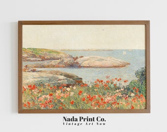 Red Poppies at the Coast Painting | Spring Coastal Art Print | Warm Vintage Wall Art | Printable Art | #0140