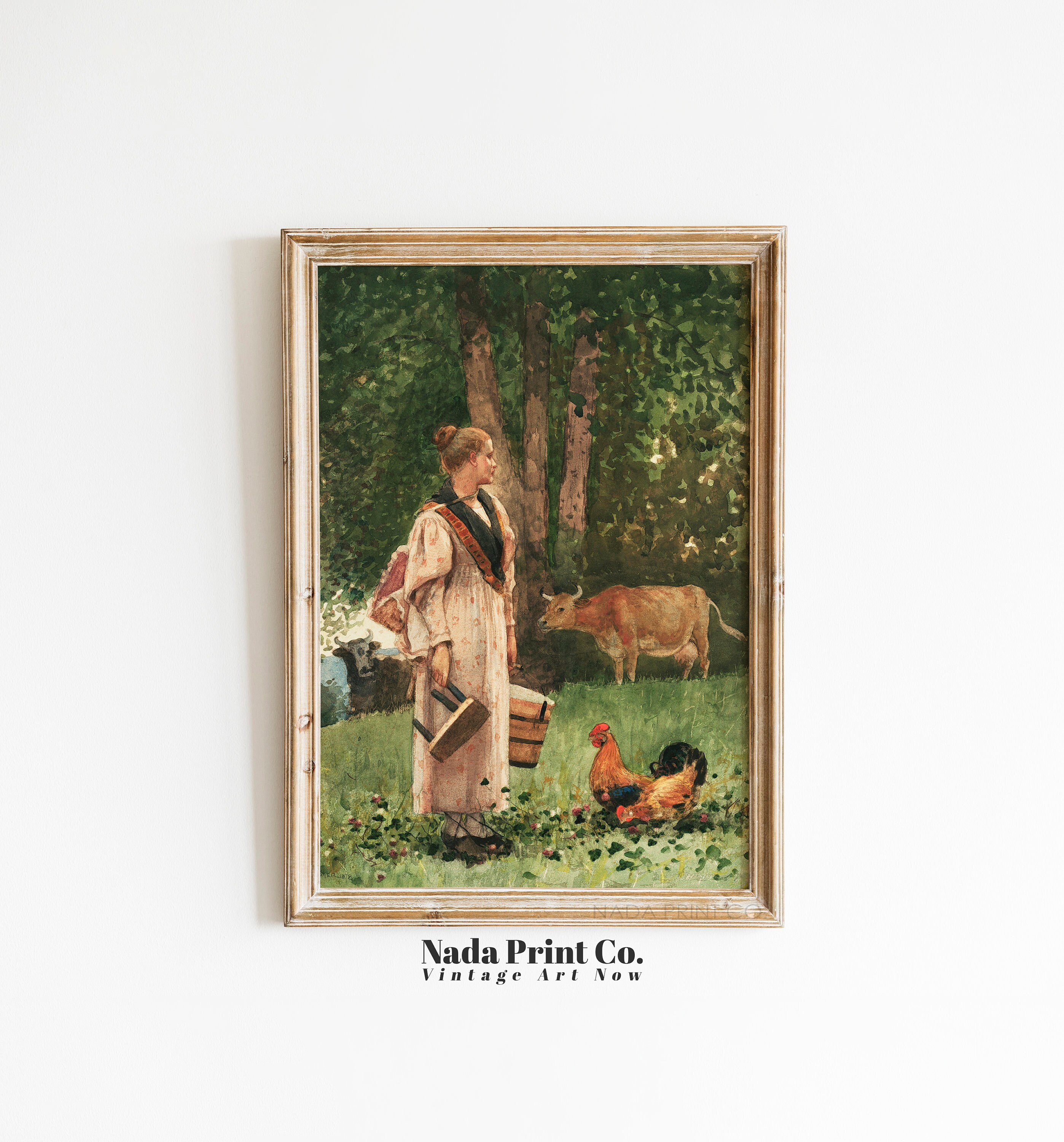 Woman Tending to Cows Painting | Woman Cows and Chicken on Farm Print | Warm Vintage Wall Art | Printable Art | #0200