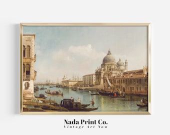 Grand Canal in Venice Painting | Venetian Boats in Canal Art Print | Warm Vintage Wall Art | Printable Art | #0184
