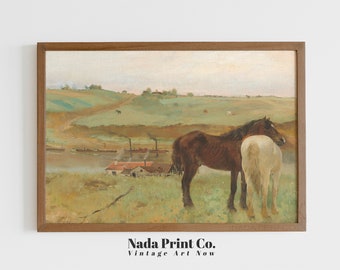 Caballos en la pradera por pintura del río / Impresión de caballo occidental / Arte de pared vintage cálido / Arte imprimible / #0078
