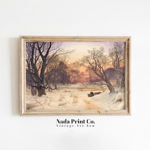 Sleigh Ride Through Forest Painting | Winter Snow Forest Landscape Print | Warm Vintage Wall Art | Printable Art | #0238