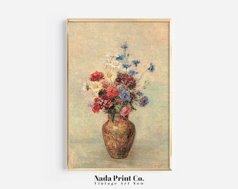 Red Flowers in Vase Painting | Colorful Floral Still Life Print | Warm Vintage Wall Art | Printable Art | #0088