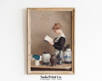 Woman Reading Oil Painting | Antique Maid Portrait Print | Warm Vintage Wall Art | Printable Art | #0062