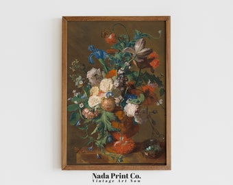 White and Orange Flowers in Vase Painting | Extravagant Floral Bouquet Still Life Art Print | Warm Vintage Wall Art | Printable Art | #0135