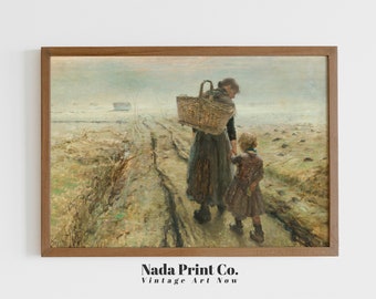 Mutter und Tochter Gehende Malerei | Mutter und Kind zu Fuß nach Hause Kunstdruck | Warme Vintage Wandkunst | Druckbare Kunst | #0157