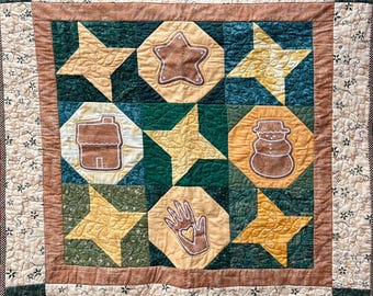 Christmas Gingerbread Cookie Quilted Wallhanging 38"x38" Appliquéd and Pieced Blocks