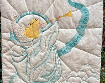 Christmas Angel Quilt - hand-quilted, embroidered with gold thread, candlewicking 18"x24"