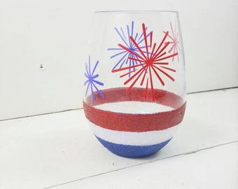 4th of July - 4th of July Party - Red, White & Blue - Glitter Dipped Wine Glass - Stemless Wine Glass - Summer Party - 4th of July Drinking
