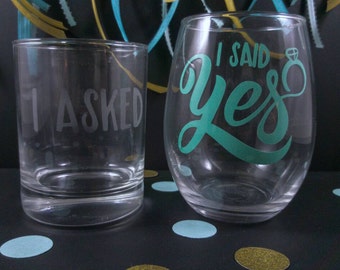 Engagement Gift - Newly Engaged Couple - I Said Yes - Stemless Wine Glass - Wedding Gift - Couple Gift