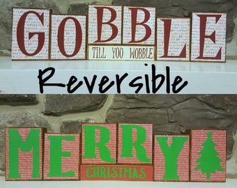 Thanksgiving Decor - Christmas Decor - Wood Block Decor - Happy Thanksgiving - Merry Christmas - Reversible Wood Block Decor