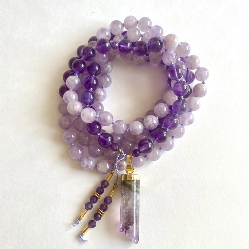 Amethyst and Lavender shops Jade Mala Necklace Meditation Beads