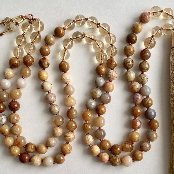 Coral Fossil and Citrine Mala Necklace 108 meditation beads