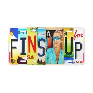 Jimmy Buffett-inspired design, Fins UP Bubbles UP Auto Tag, gift for fan, gift for him. gift for her Fins Up Vanity tag gift for mom for dad