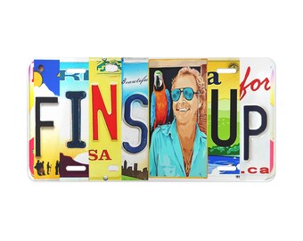 Jimmy Buffett-inspired design, Fins UP Bubbles UP Auto Tag, gift for fan, gift for him. gift for her Fins Up Vanity tag gift for mom for dad
