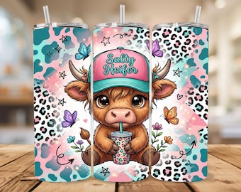 Salty Heifer Tumbler Wrap, Funny Highland Cow 20oz Skinny Tumbler Sublimation Design, Sarcastic Cow PNG Instant Digital Download