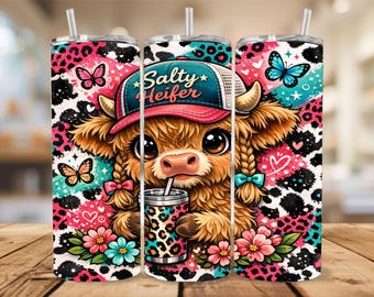 Salty Heifer Tumbler Wrap, Funny Highland Cow 20oz Skinny Tumbler Sublimation Design, Sarcastic Cow PNG Instant Digital Download