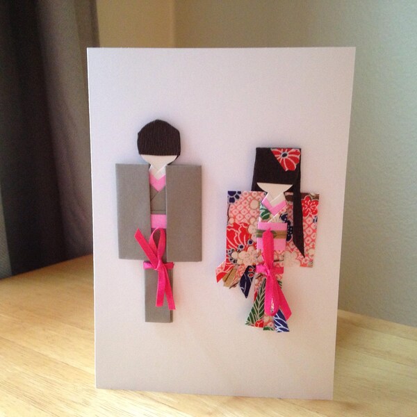 Fancy Handmade Japanese Origami Paper Doll Wedding or Valentine's day Card