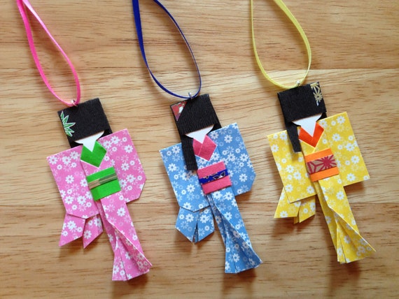 Handmade Japanese Origami Paper Doll Fancy Christmas Ornaments Set Of Three