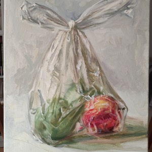 Puede incluir: Una pintura de una manzana roja y un pimiento verde en una bolsa de plástico transparente. La bolsa está atada en la parte superior y la fruta descansa sobre una superficie verde. La pintura está firmada "T.A. Fryntov 2018" en la esquina inferior derecha.