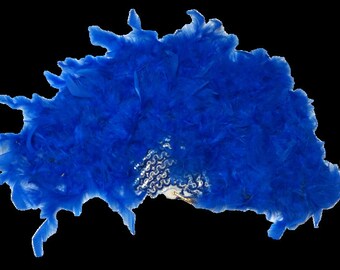 May include: A blue feather fan with a silver and white sequined center.