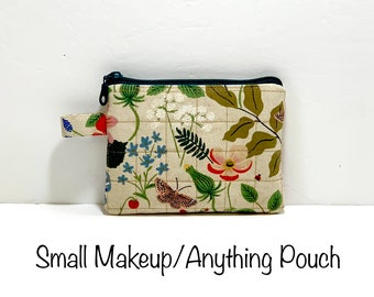 Small Quilted Canvas Zippered Makeup/Anything Pouch in Light Natural with  Herb Garden