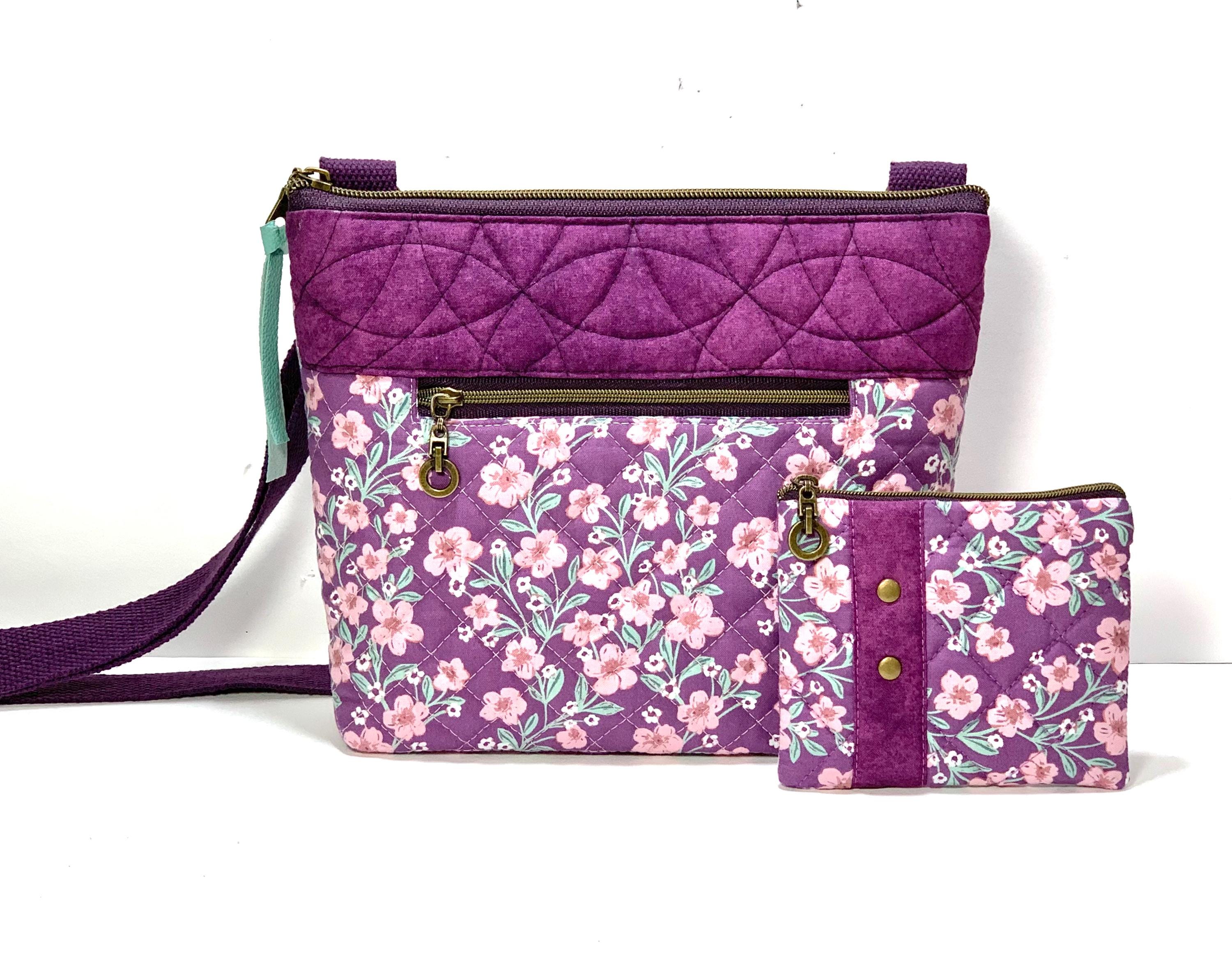 Quilted Plum with Rose and Mint Floral Fabric Crossbody/Cellphone/Shoulder Bag with Front Zippered Pocket and Top Zipper Closure
