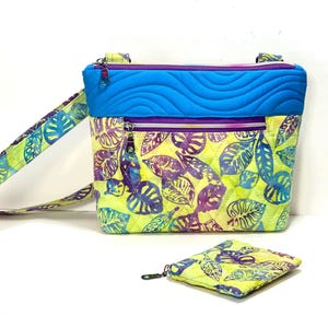 Quilted Tropical Batik  on Greenish Yellow Background Crossbody/Cellphone Purse with Top Zipper and Front Zip Pocket and Includes Coin Purse