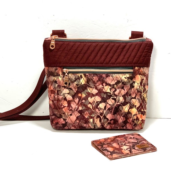 Quilted Zipped Crossbody/Cellphone Purse in Maroon, Mauve, Burgundy, and Gray Batik with Rose Gold Hardware with Credit Card ID Holder