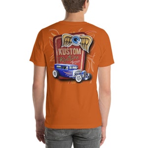 May include: Orange t-shirt with a vintage-style illustration of a blue hot rod car with a red, white, and gold sign that says "Kustom Kulture Forever".