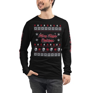 May include: Black long-sleeve shirt with a red and white Christmas sweater design. The design features a skull pattern, snowflakes, and the text "Merry Frickin Christmas".