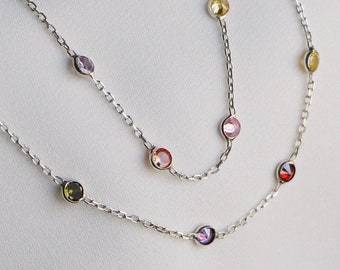 Sterling Silver Station Necklace: Colorful Cubic Zirconia CZ Gemstones